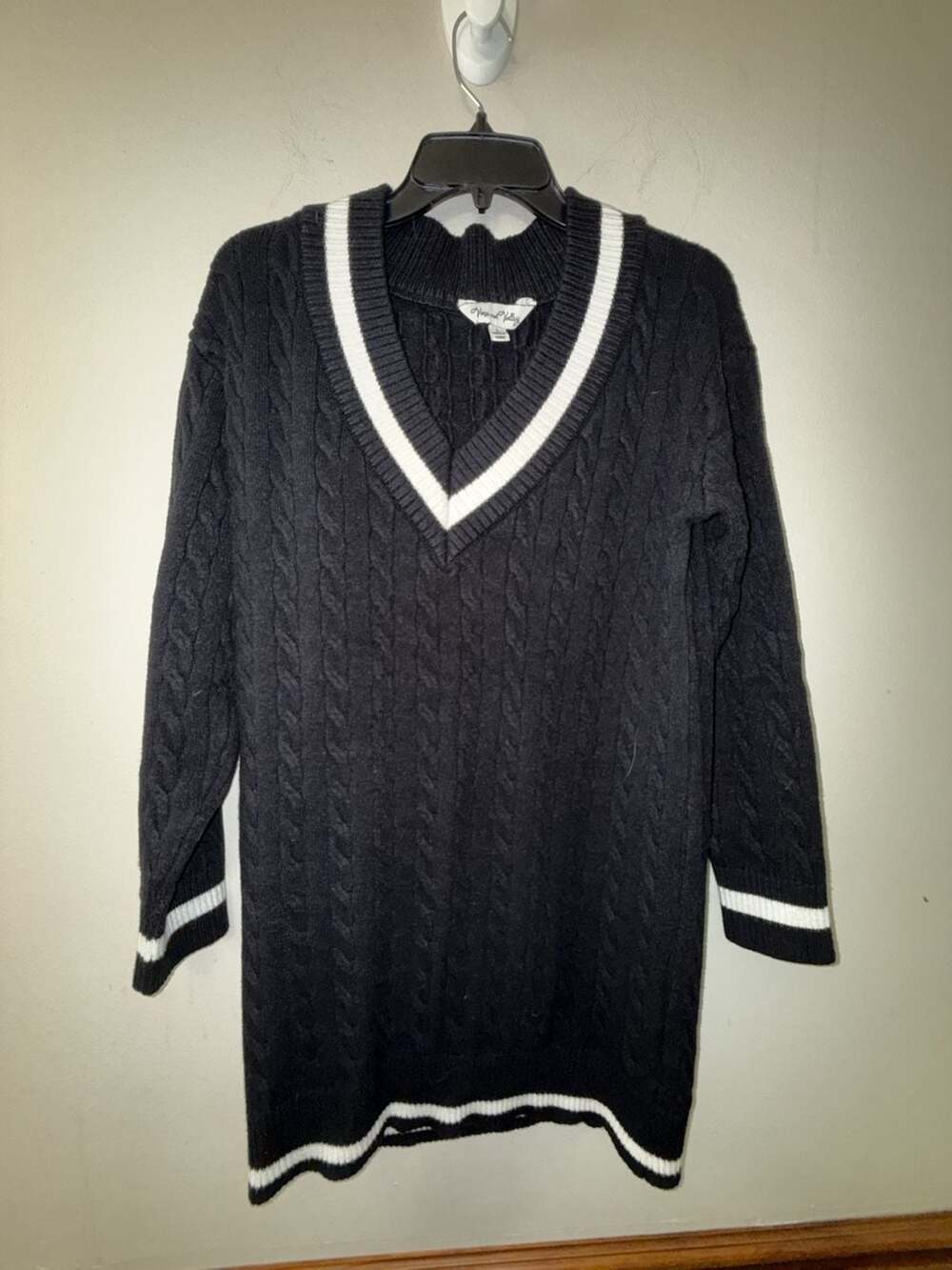 Vine and Valley Women's Black Cable Knit V-Neck Varsity Sweater Dress